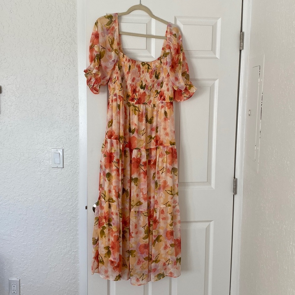 Floral Chiffon Puff Sleeve Long Dress